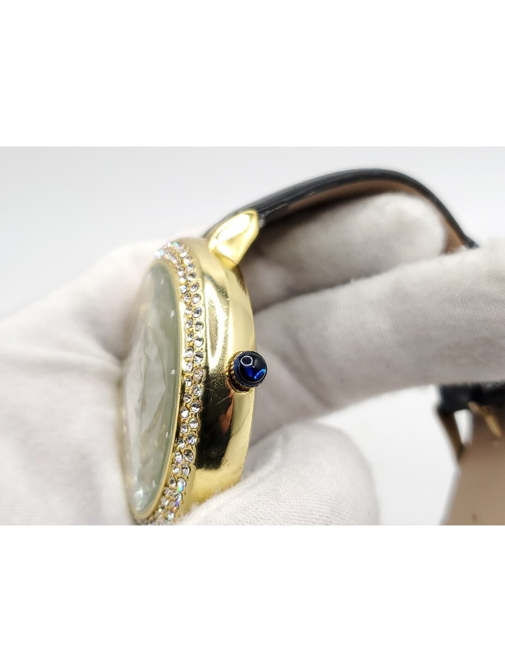 Strada Prisim Gem Quartz Watch Women New Battery Gold Tone Rhinestone Bezel 43mm - Picture 9 of 14